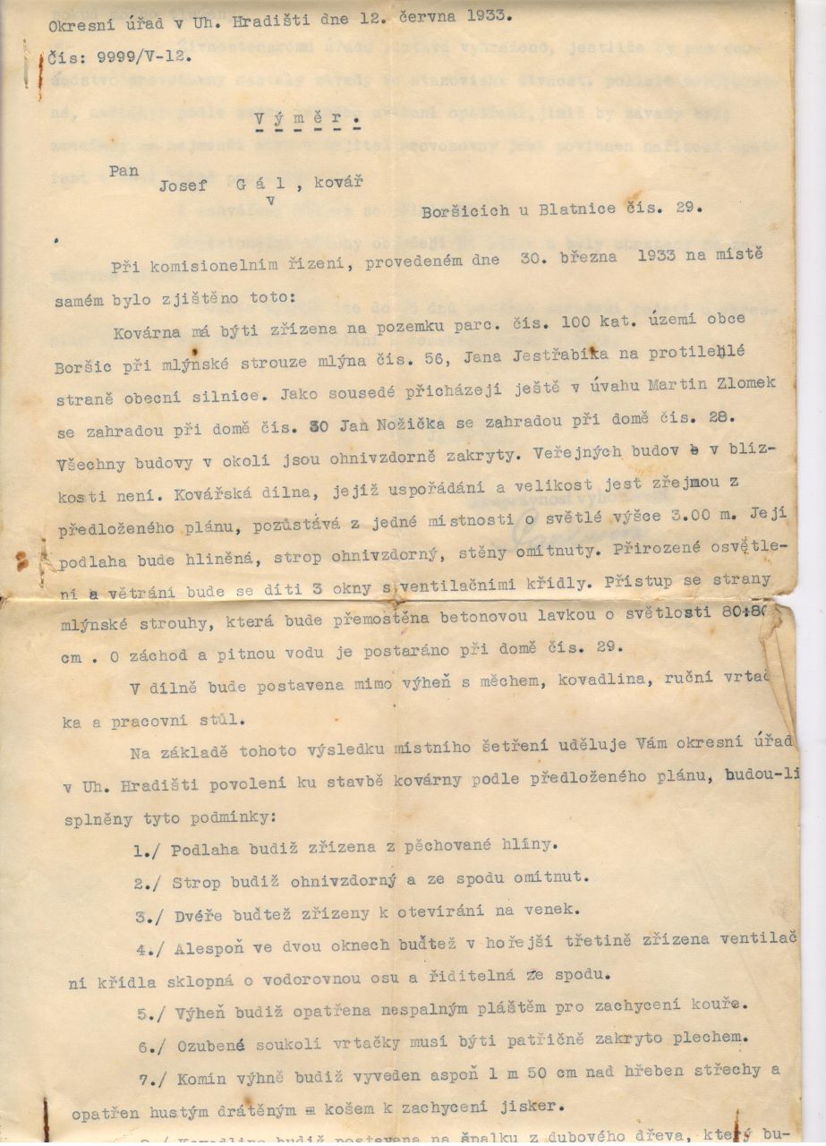 Výměr 1933 (vyjádření k povolení stavby)